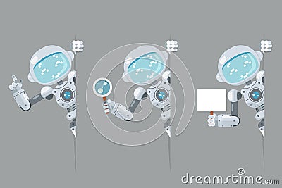 Boy teen robot android look out corner poster in hand pointing on banner hold magnifying glass artificial intelligence Vector Illustration