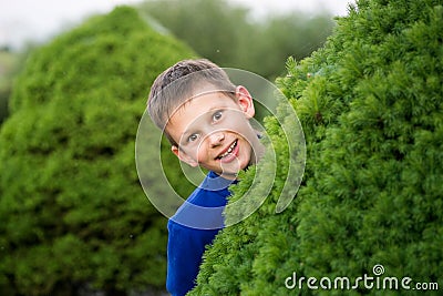 Boy teenager peeking out of a bush Stock Photo