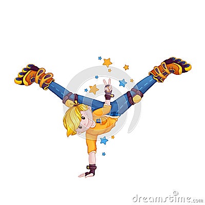 Boy teenager performs tricks on roller skates. Vector Illustration