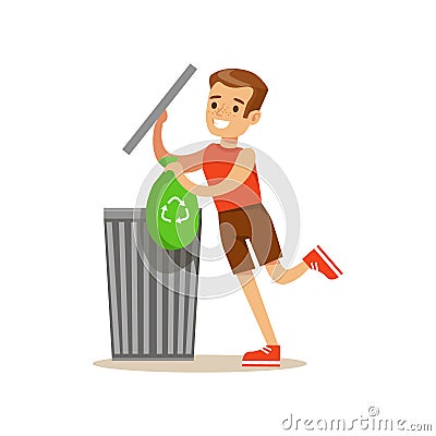 Boy Throwing Away Recycling Waste In Bin Bag Smiling Cartoon Kid Character Helping With Housekeeping And Doing House Vector Illustration