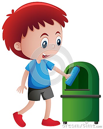 Boy throwing bottle in trashcan Vector Illustration