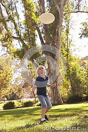 Boy Throwing Frisbee In Park Stock Photo
