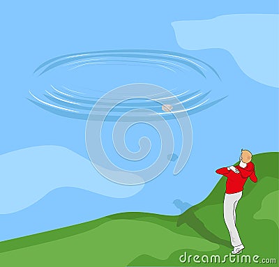 Boy throwing stones into the water Vector Illustration