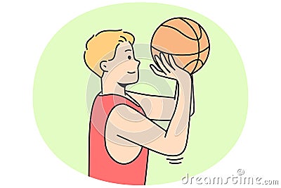 Sportsman throws ball into hoop or through net. Vector Illustration