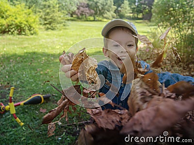 A boy tossing last year`s dry brown leaves Stock Photo