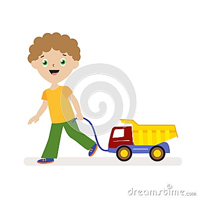 Boy with toy car on a string. Small child on a walk. Flat character isolated on white background. Vector, illustration Vector Illustration