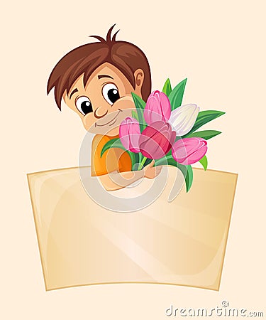 Boy with tulips and place for text Vector Illustration