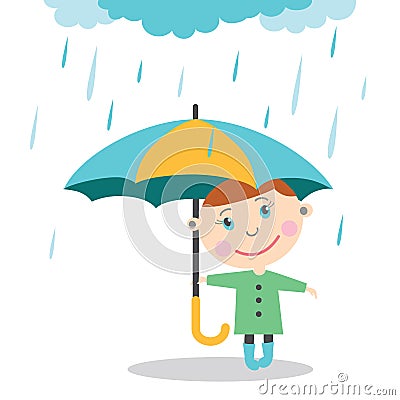 Boy with umbrella standing under the rain. Vector Illustration