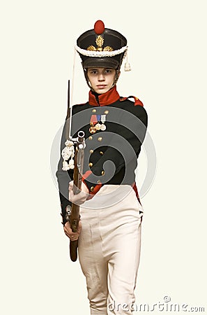 Boy in uniform of soldier in XIX century Stock Photo