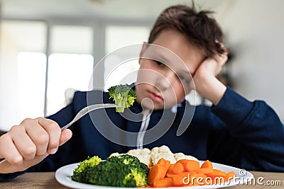 Boy unsatisfied with vegetable lunch Stock Photo