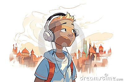 boy using a headset for an audio tour Stock Photo