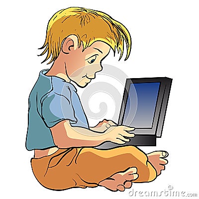 Boy using laptop cartoon illustration Vector Illustration