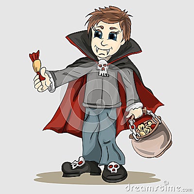 Boy in vampire costume with candy in hands Vector Illustration