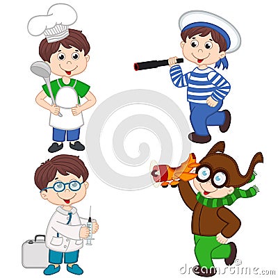 Boy in various professions cook, sailor, doctor, pilot Vector Illustration
