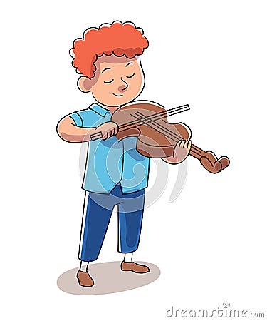 Boy violinist vector character plays violin instrument. Little musician performs. Happy childhood, hobby, entertainment Vector Illustration
