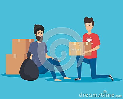 Boy volunteer with box donation to indigent Vector Illustration