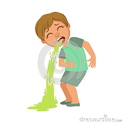 Boy Vomiting,Sick Kid Feeling Unwell Because Of The Sickness, Part Of Children And Health Problems Series Of Vector Illustration