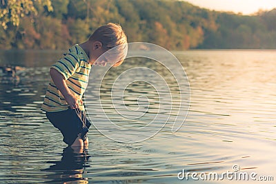 Boy Wading into Lake Stock Photo