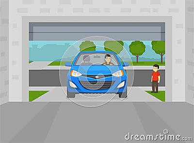 Boy is waiting near while his father drives into the garage. Opened home garage door. Vector Illustration