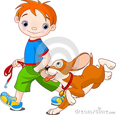 Boy walking a dog Vector Illustration