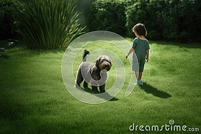boy walking with a dog on a green summer grassy lawn Stock Photo