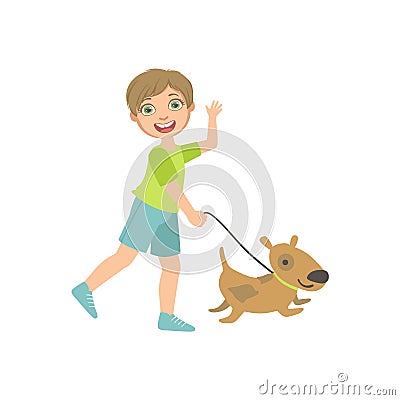 Boy Walking A Dog On The Leash Vector Illustration