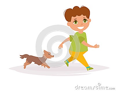 Boy walking with dog. Vector. Cartoon Vector Illustration