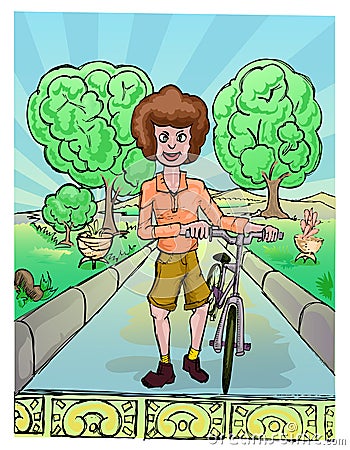 Boy walking in the park with bike Vector Illustration