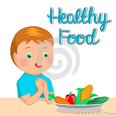 The boy wants to eat healthy food. Healthy lifestyle. On the table is a plate of vegetables Vector Illustration