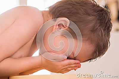 Boy wash child little water, wet caucasian Stock Photo