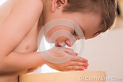 Boy wash child little water, wet small Stock Photo