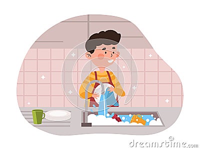 Boy wash dishes Vector Illustration