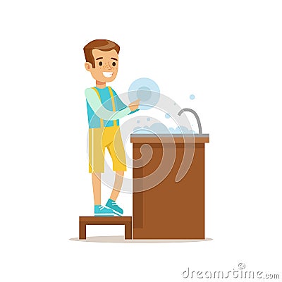 Boy Washing The Dishes Smiling Cartoon Kid Character Helping With Housekeeping And Doing House Cleanup Vector Illustration