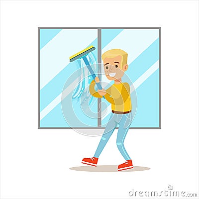 Boy Washing Windows With Squeegee Smiling Cartoon Kid Character Helping With Housekeeping And Doing House Cleanup Vector Illustration