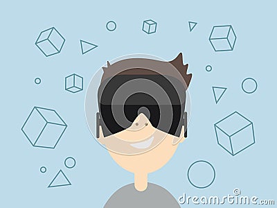 The boy watching VR Glasses and monitor virtual world. Stock Photo