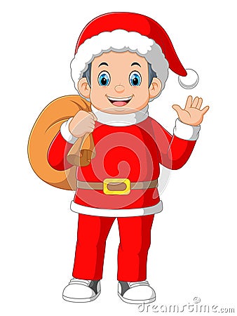 A boy wear santa costume carrying a sack Vector Illustration