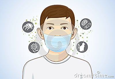 Boy wearing breath mask for protect allergic. Vector Illustration