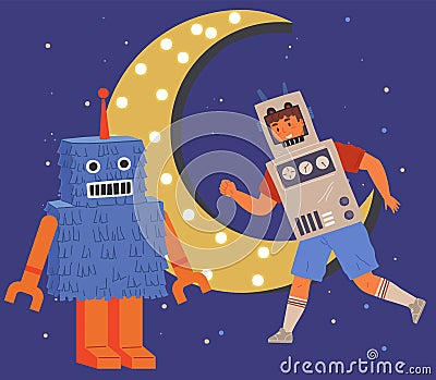 Boy wearing cardboard battle bot suit playing with robot. Guy in costume with alien in space Vector Illustration