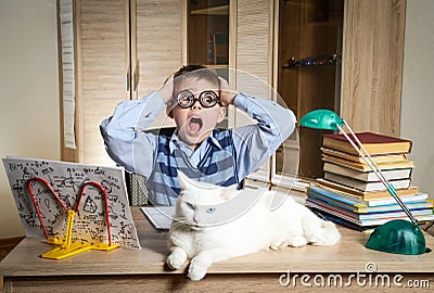 Boy Wearing Funny Glasses Doing Homework With Cat Sitting On The Desk. Child With Learning Difficulties. Boy Having Problems With Stock Photo