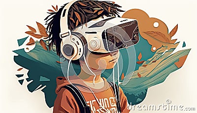 Boy wearing Virtuality google for Metaverse Technology concept banner. Stock Photo
