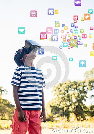 Boy wearing VR Virtual Reality Headset with Interface Stock Photo