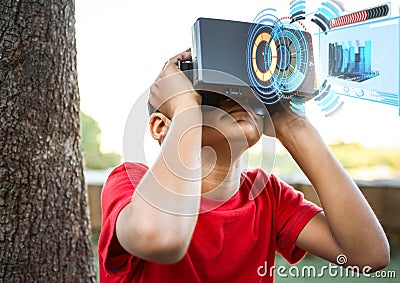 Boy wearing VR Virtual Reality Headset with Interface Stock Photo