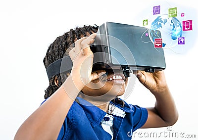 Boy wearing VR Virtual Reality Headset with Interface Stock Photo