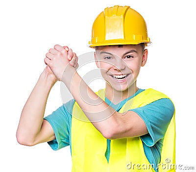 Boy wearing yellow hard hat Stock Photo