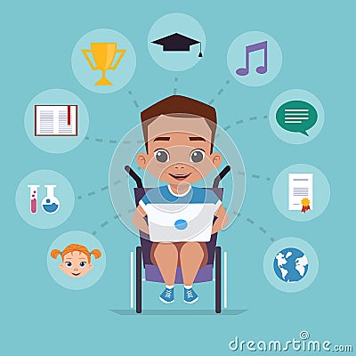 Boy in a wheelchair is studying via the Internet Vector Illustration