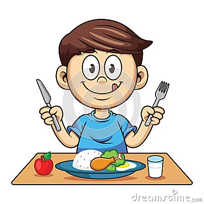 boy who is eating nutritious food with milk and fruit cartoon Vector Illustration