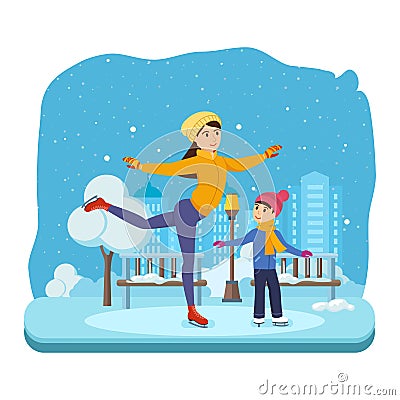 Boy with in winter clothes, ride on ice good mood. Vector Illustration