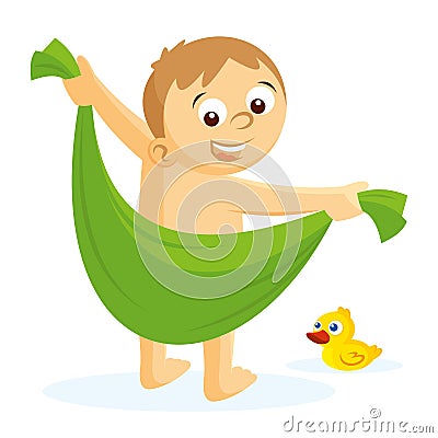 The boy is wiped off with a towel Cartoon Illustration