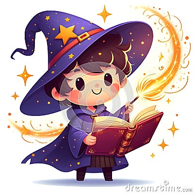 Boy with wizard costume hat and magical book illustration Cartoon Illustration