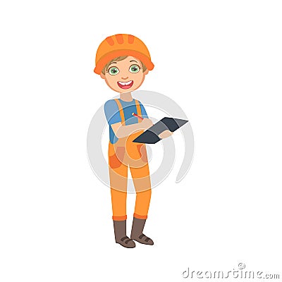 Boy Work Superintendent With The Checklist, Kid Dressed As Builder On The Construction Site Future Dream Profession Set Vector Illustration